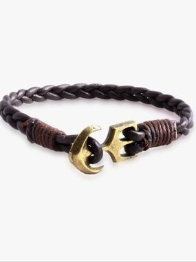 Vintage Braided Brown Leather Bracelet with Gold Anchor Clasp